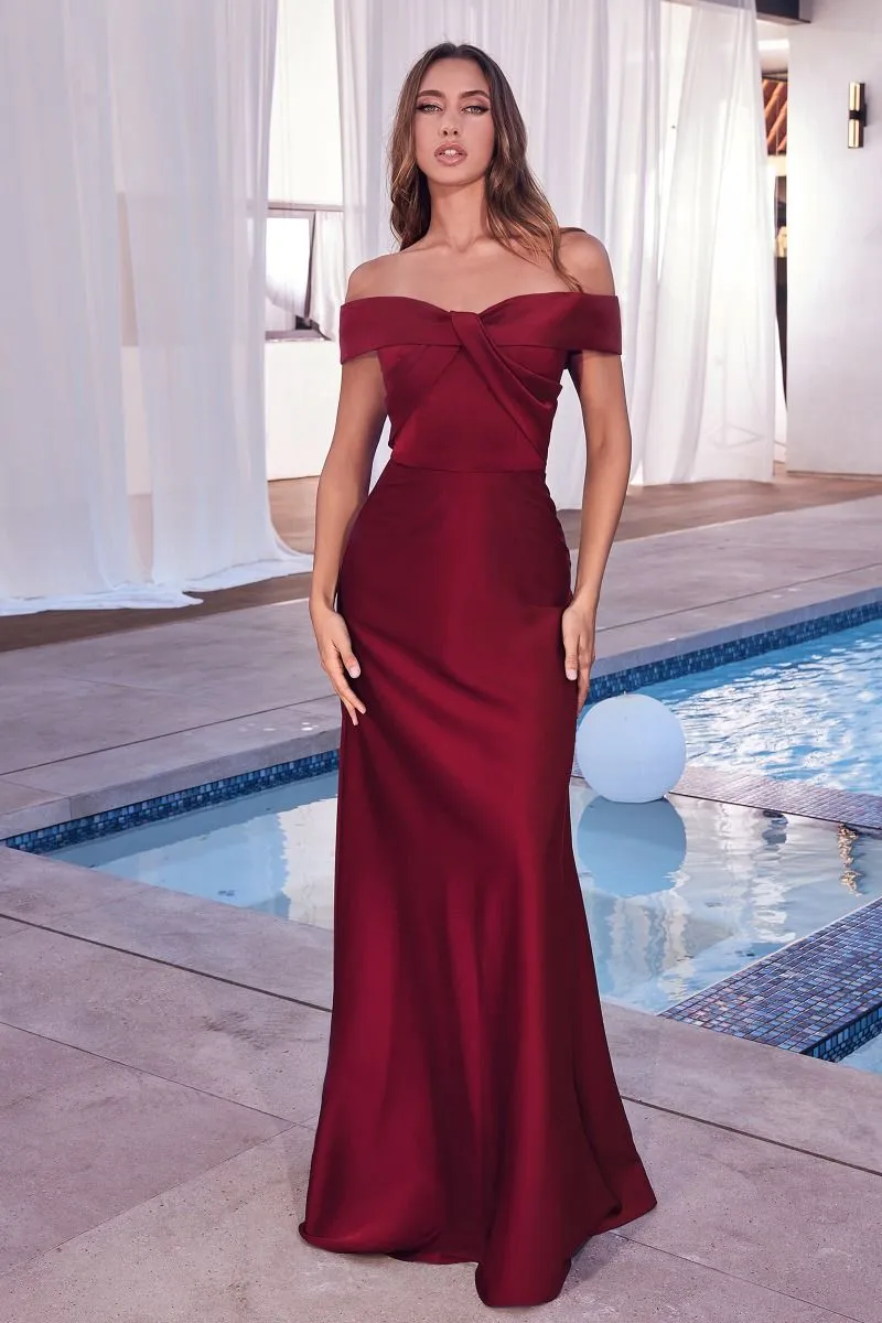 Ravish Prom Dress Satin Off the Shoulder A-line Gown 740325AK-Burgundy LaDivine CD325 Cinderella Divine CD325