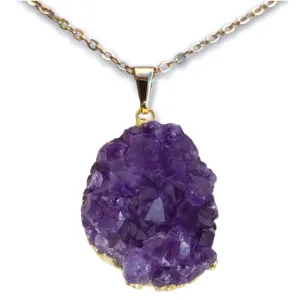 Raw Amethyst Druzy Pendant Golden Necklace