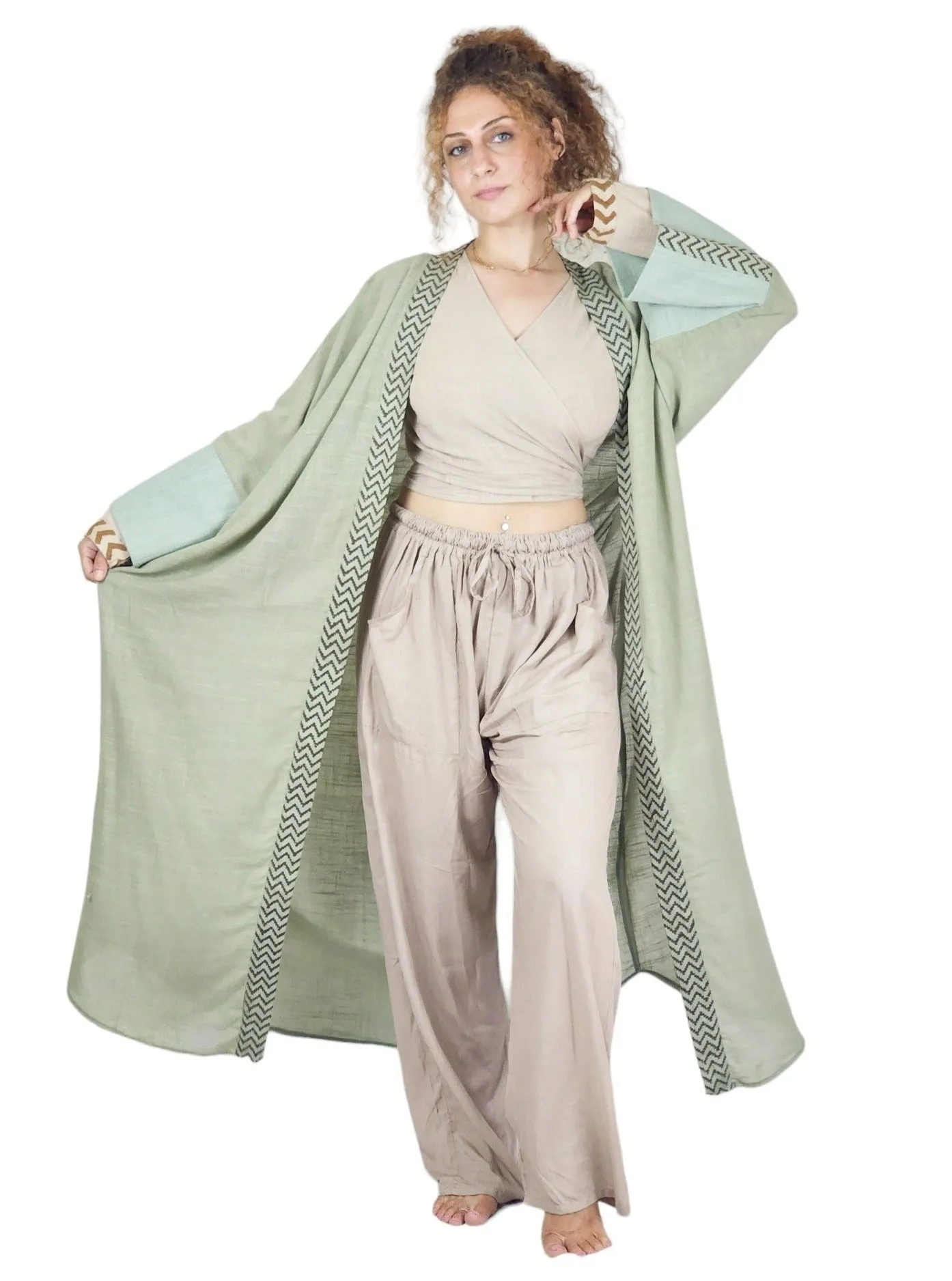 Raw Cotton Green Sage Long Kimono