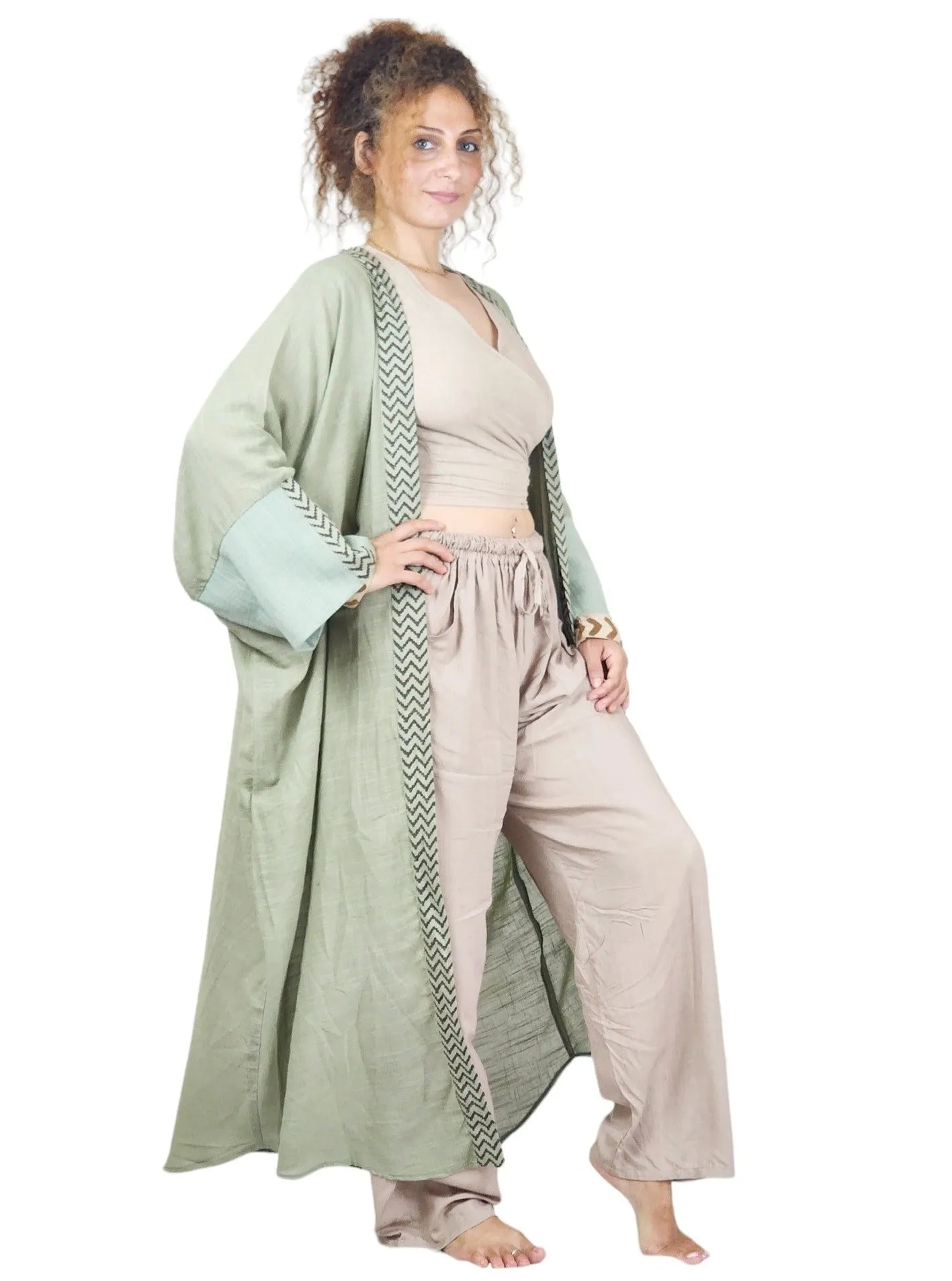 Raw Cotton Green Sage Long Kimono