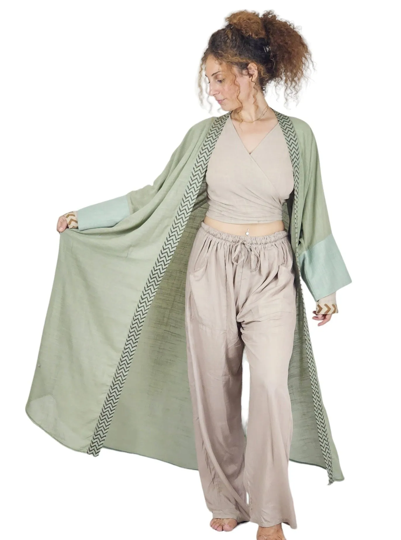 Raw Cotton Green Sage Long Kimono