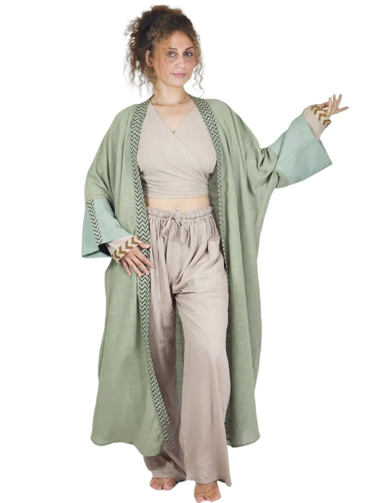 Raw Cotton Green Sage Long Kimono