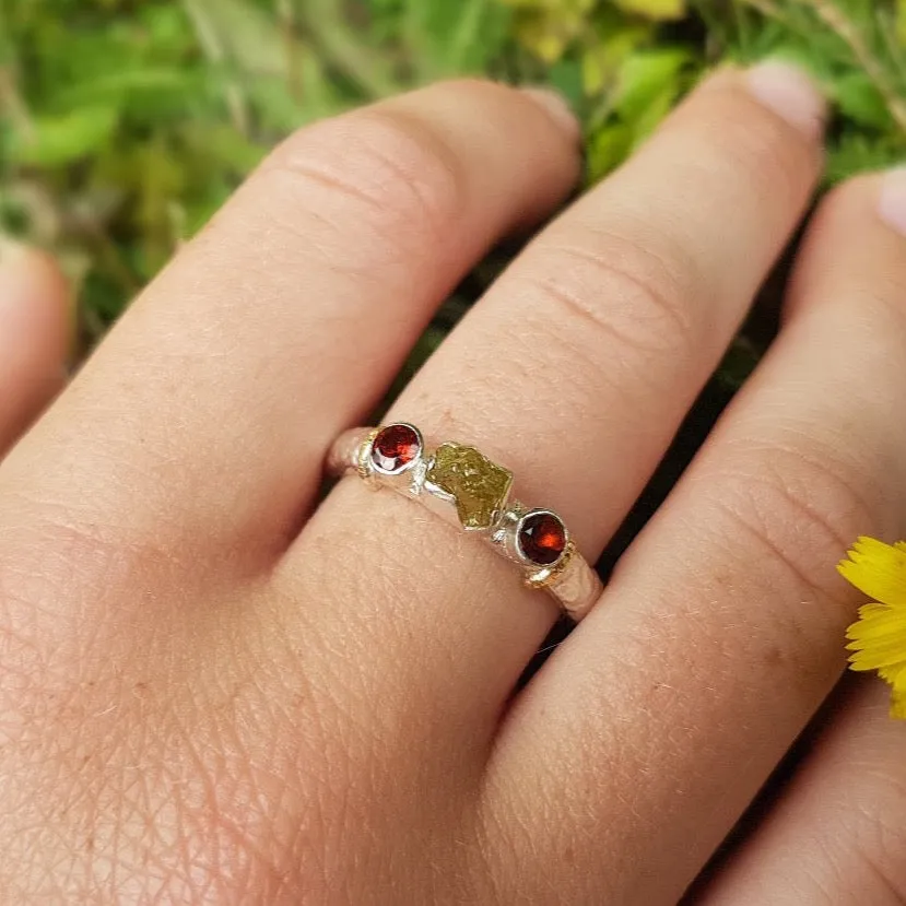 Raw Diamond and Garnet Earth Ring , Rustic Engagement Ring