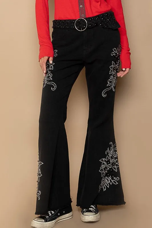 Raw Hem Embroidered Flare Pants