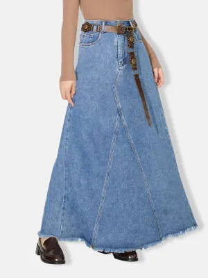 Raw Hem Long Denim Skirt