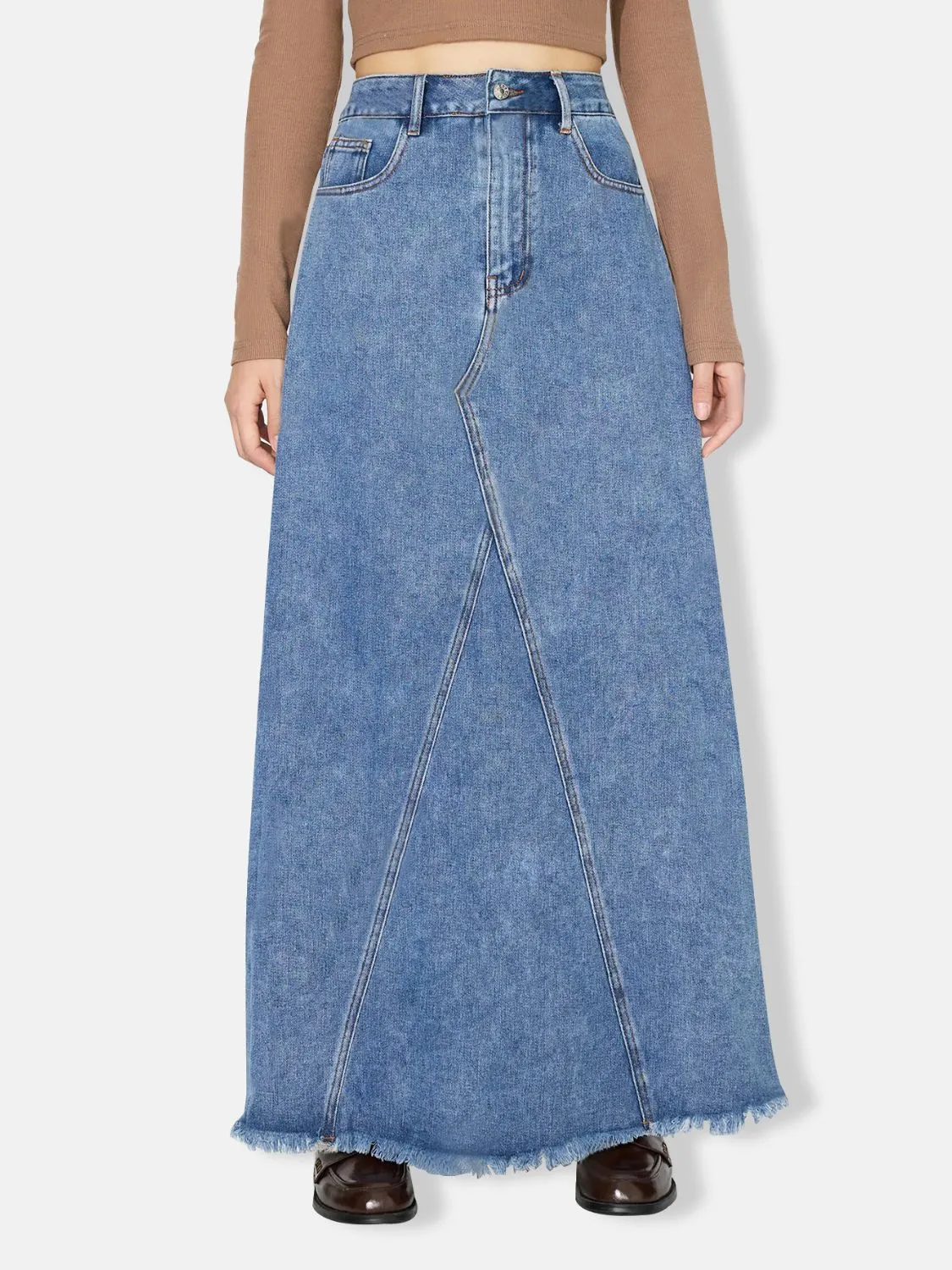 Raw Hem Long Denim Skirt