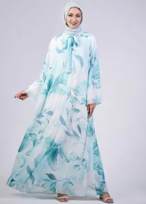 Rawan Elegance Floral Print Maxi Dress with High Neck and Flowing Sleeves