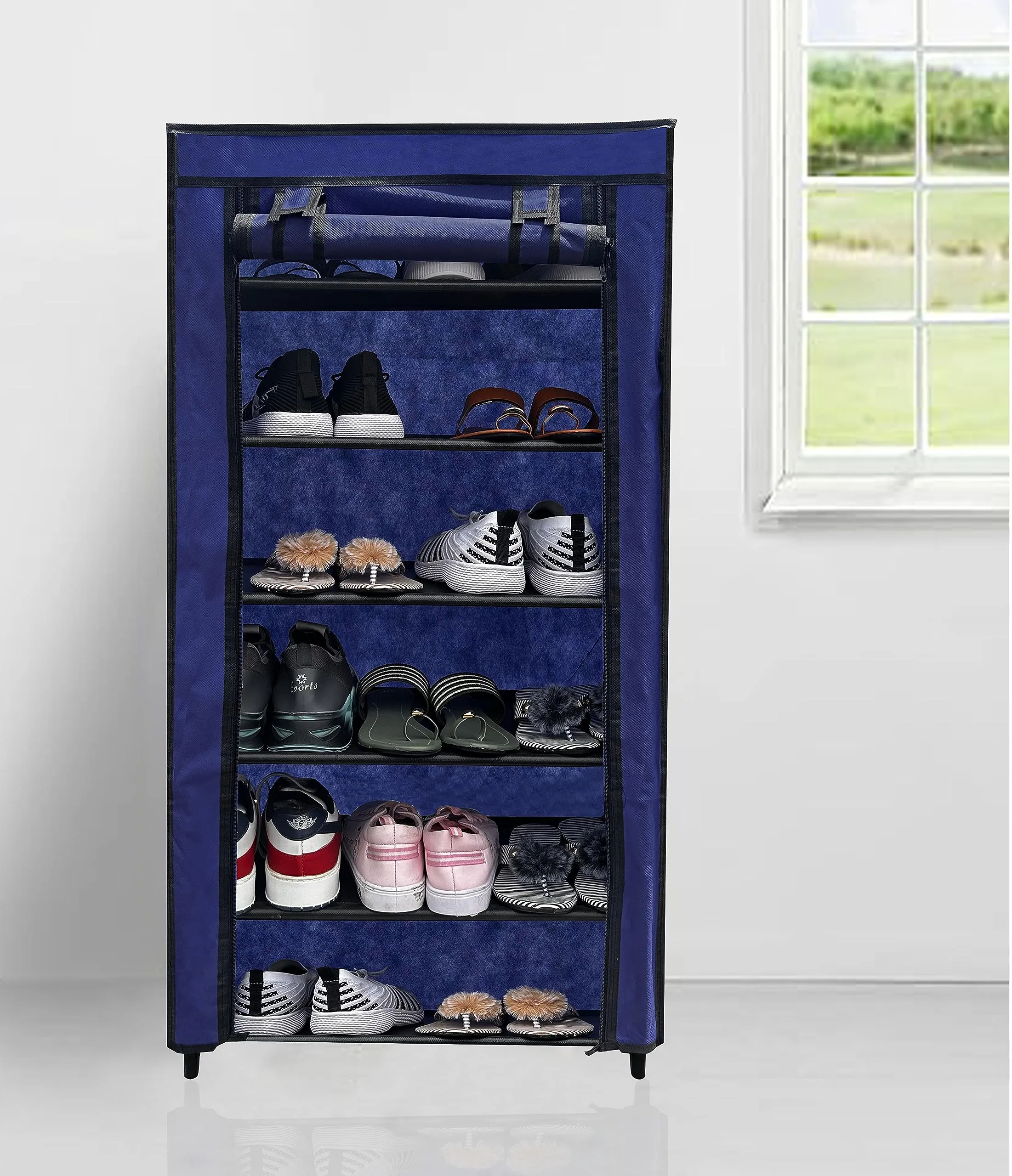 RAXON WORLD® Multipurpose Foldable 6 Layers Metal Shoe Rack, Dustproof Shoe Organizer, Almirah for Clothes, Shoes at Home & Office (Dark Blue)