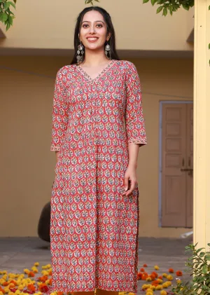 Raya Red Handblock Buti Print Cotton Straight Kurta Pant Set