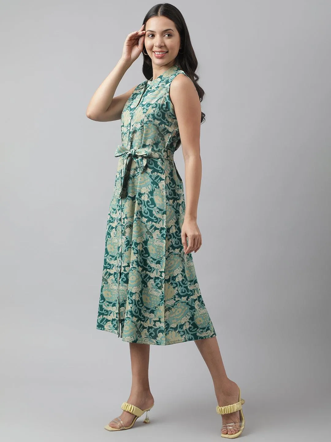 Rayon Light Green A-Line Floral Printed Midi Dress