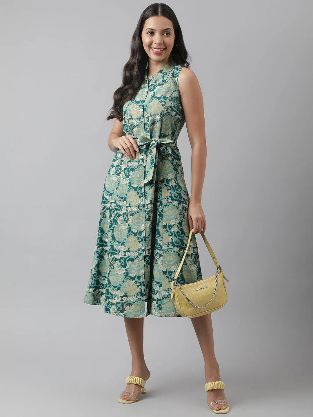 Rayon Light Green A-Line Floral Printed Midi Dress