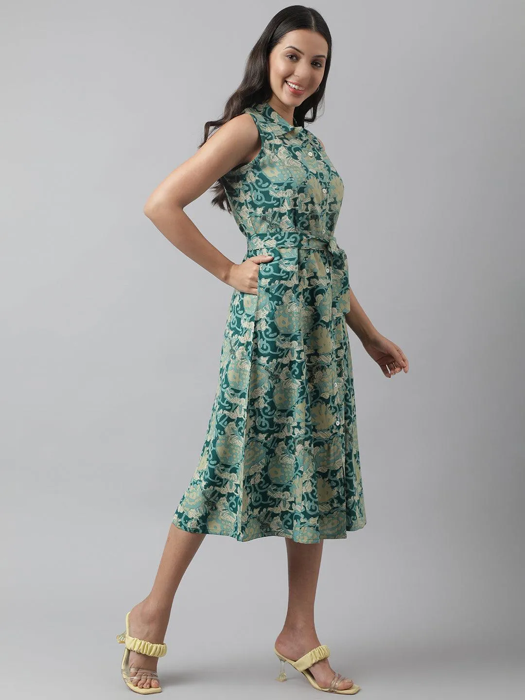 Rayon Light Green A-Line Floral Printed Midi Dress