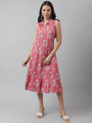 Rayon Rose Pink A-Line Floral Printed Midi Dress