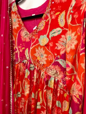 RBD020- Orange floral print chinnon suit with dupatta.