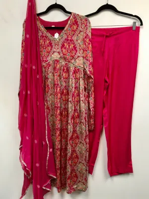 RBD021- Pink floral print chinnon suit with dupatta.