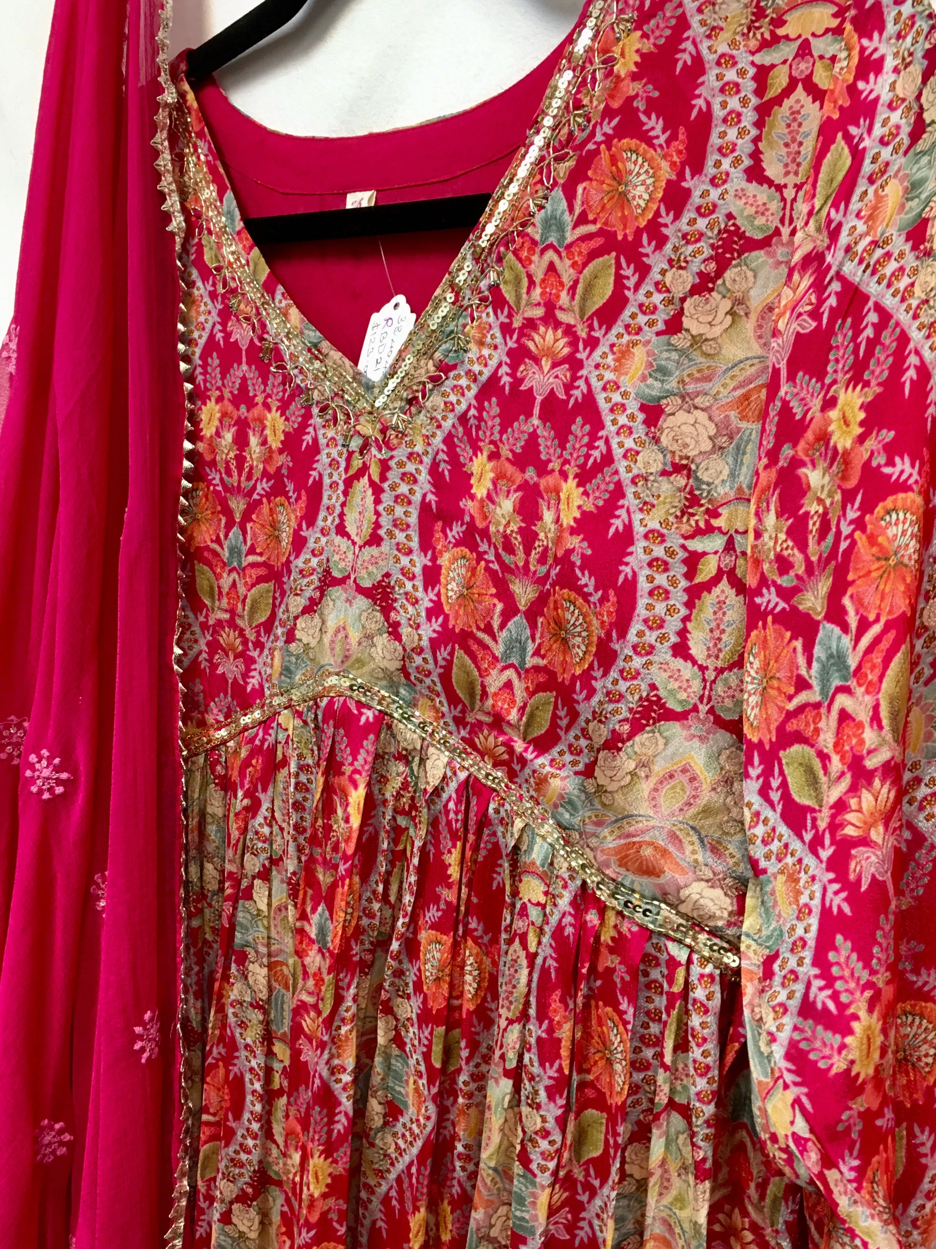 RBD021- Pink floral print chinnon suit with dupatta.