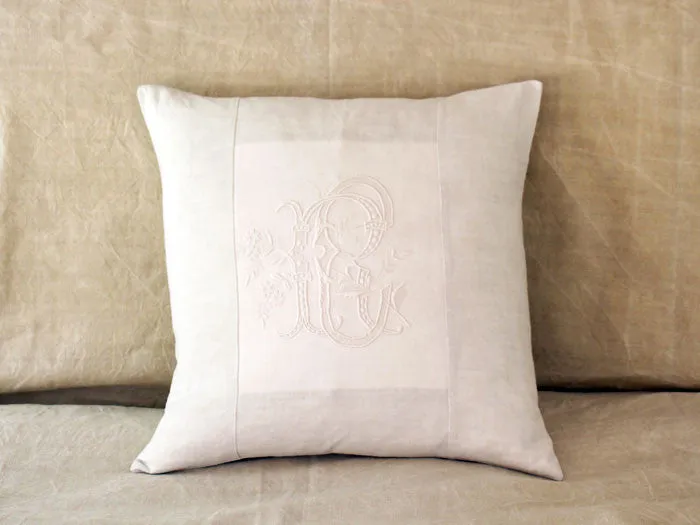 RC 50cm square cushion - Antique French monogram RC on Linen