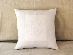 RC 50cm square cushion - Antique French monogram RC on Linen