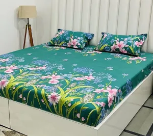 RD TREND Luxurious Cotton Super Soft 210 TC 360° Elastic Fitted Bedsheet King Size (78X72X8 Inch) with 2 Pillow Covers, Color-Green, Pattern-Floral,210TC