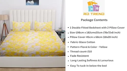 RD TREND Presents Luxurious Glace Cotton Super Soft 210 TC 360° Elastic Fitted Bedsheet King Size (78X72X8 Inch) with 2 Pillow Covers, Color-Yellow White,Pattern-Leaf