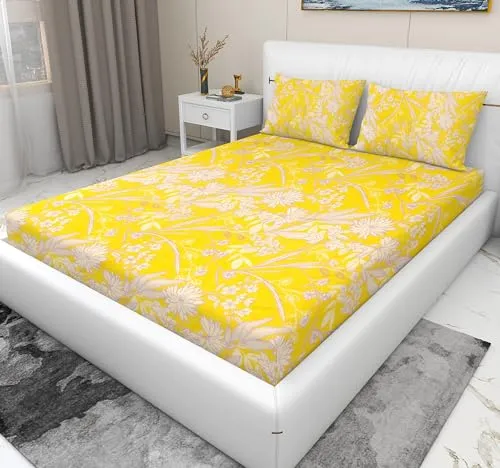 RD TREND Presents Luxurious Glace Cotton Super Soft 210 TC 360° Elastic Fitted Bedsheet King Size (78X72X8 Inch) with 2 Pillow Covers, Color-Yellow White,Pattern-Leaf