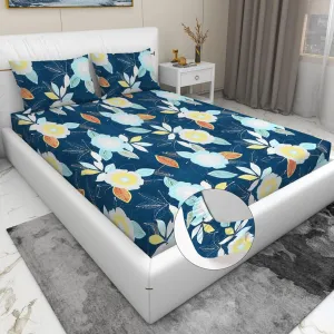 RD TREND Presents Luxurious Glace Cotton Super Soft 210 TC 360° Elastic Fitted Bedsheet Queen Size (78X60X8 Inch) with 2 Pillow Covers, Color-Blue Yellow Floral