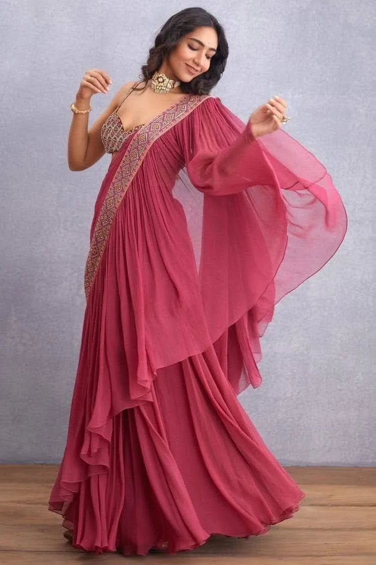 Ready to Wear Saree in Faux Georgette With Embroidery Work