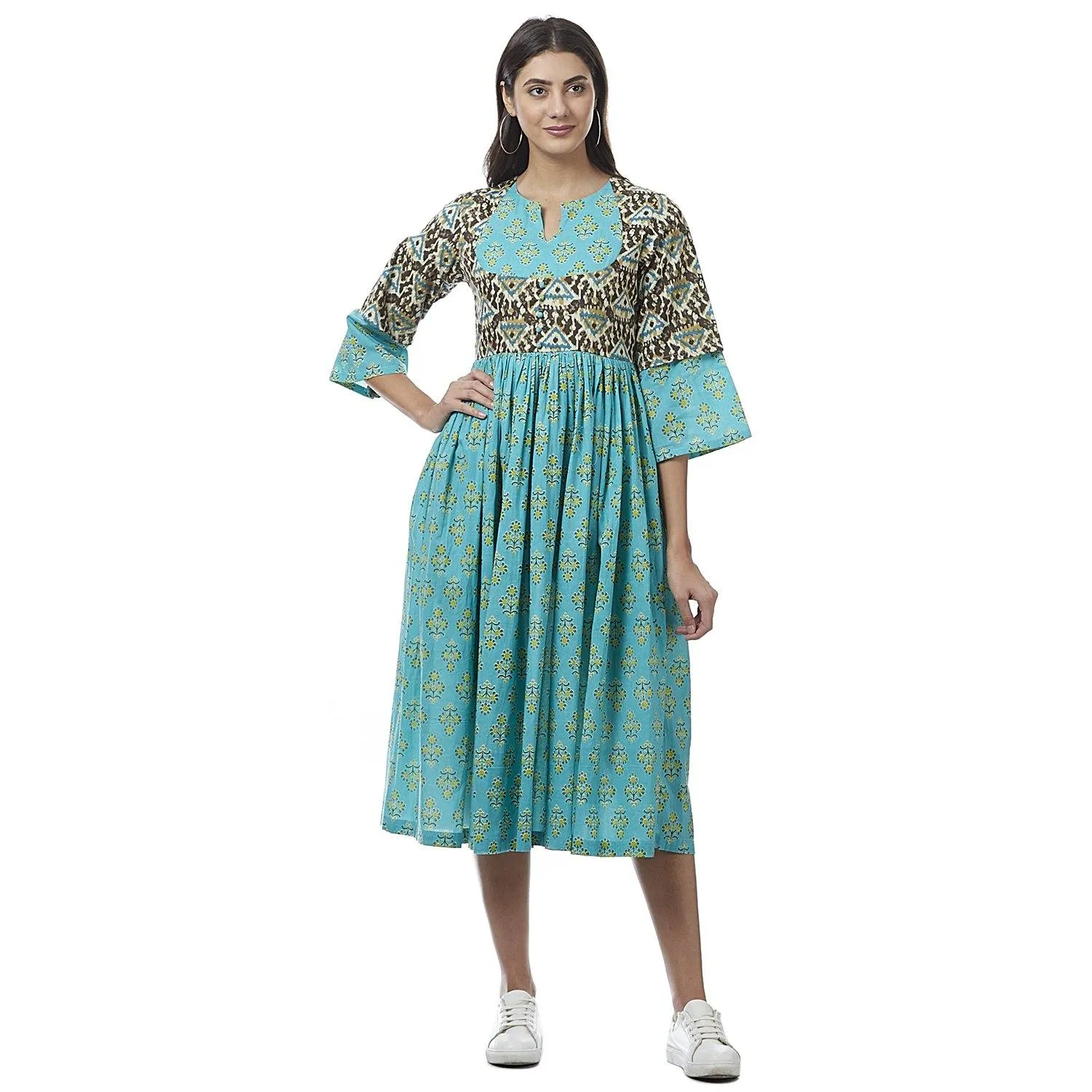 Readymade Blue Printed Cotton Long Kurta