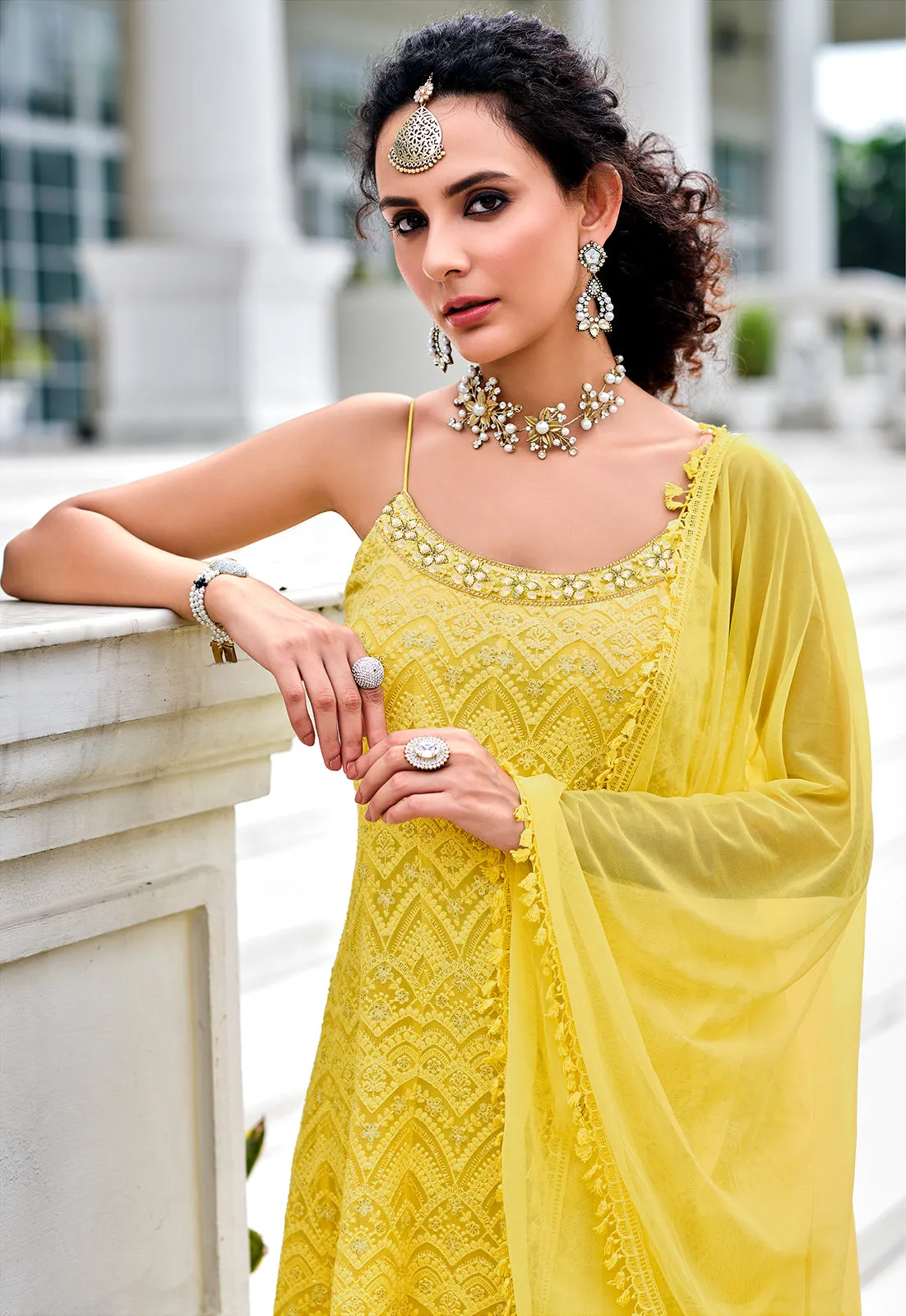 Readymade Bright Yellow Embroidered Viscose Georgette Suit