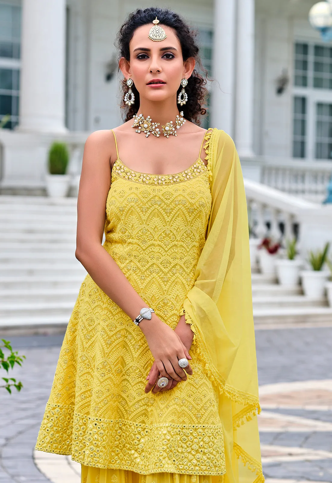 Readymade Bright Yellow Embroidered Viscose Georgette Suit