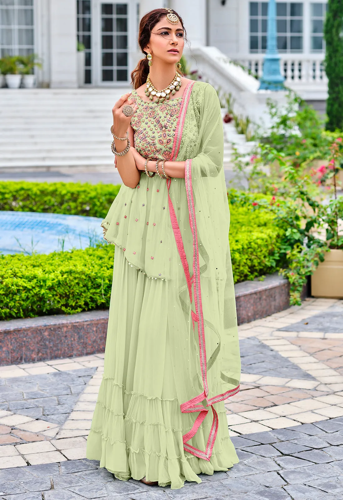 Readymade Light Green Embroidered Viscose Georgette Suit