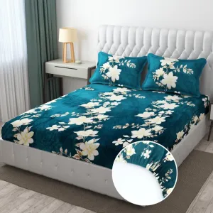 Real Dream Presents Luxurious Bedsheets for Winter King Size Fitted Flannel/Warm Double Bedsheet Fully Elasticized with 2 Pillow Covers 72 x 78 x 8 Inches (Green-Flower, 72 x 78 x 8 Inches King)