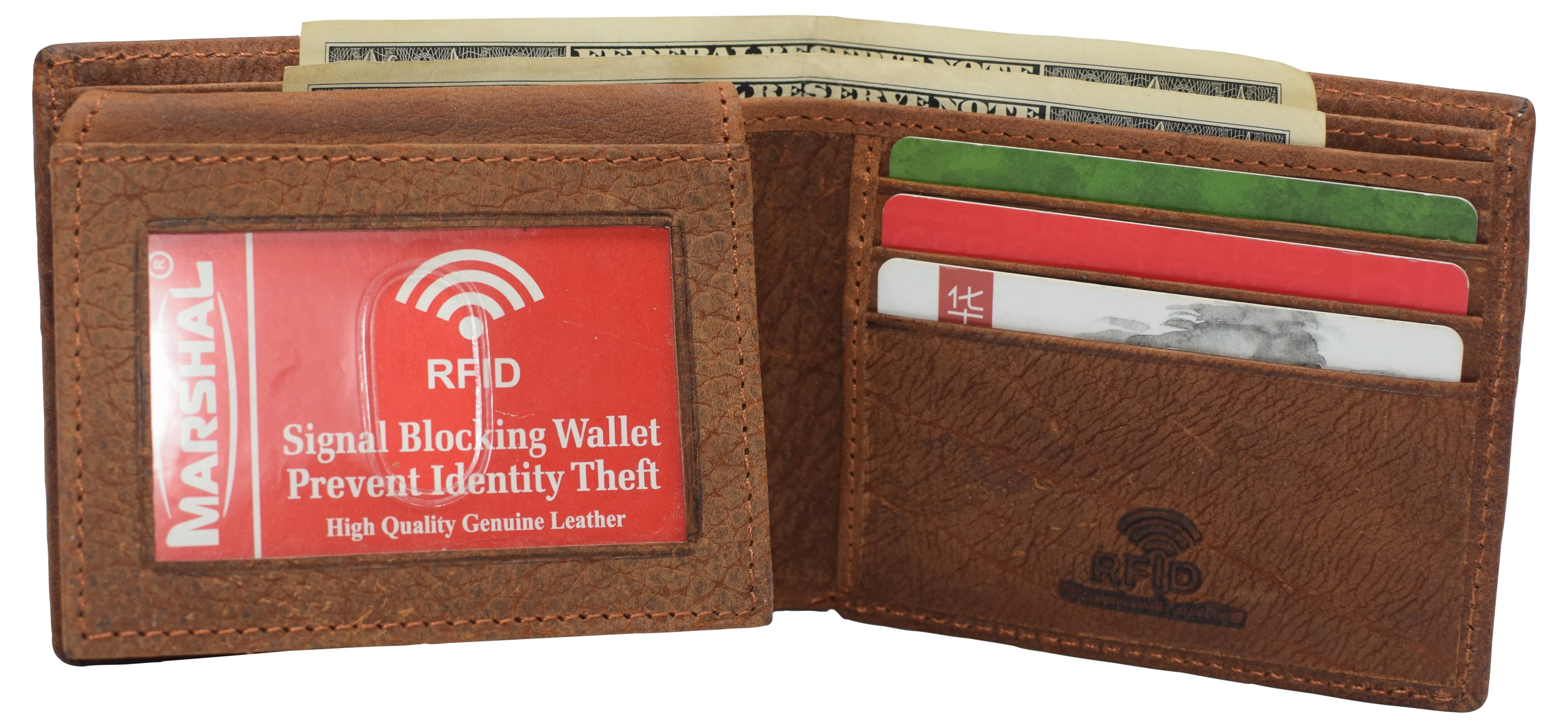 Real Genuine Leather RFID Blocking Wallets Mens Wallet Bifold Classic Engraved Logos