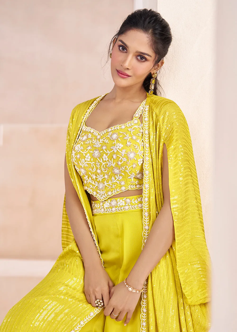 Real Georgette Yellow Indo Western Palazzo Suit