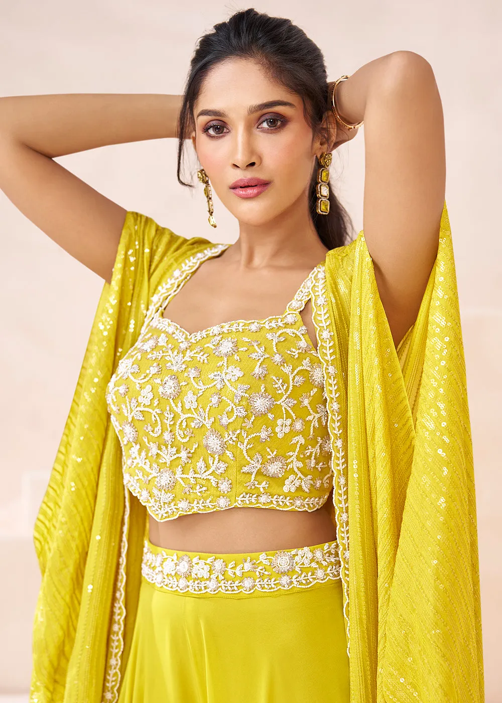 Real Georgette Yellow Indo Western Palazzo Suit