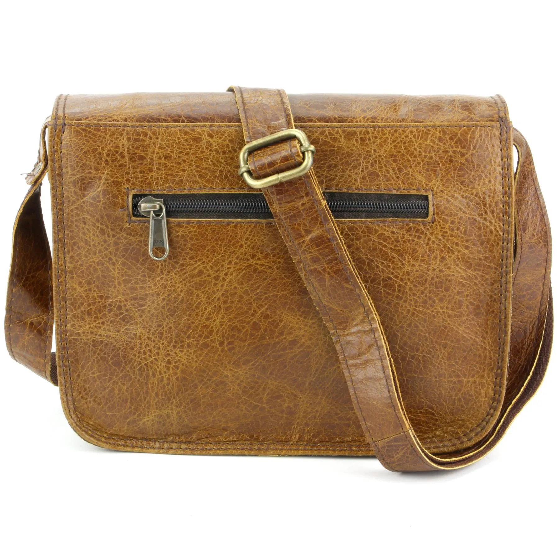 Real Leather Satchel with Front Pocket - Brown