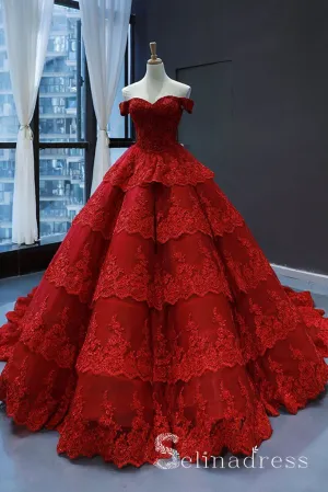 Real Picture Red Multi-layered Lace Formal Prom Dress Quinceanera Evening Dress SED069