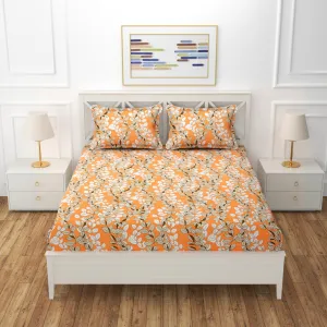 REALDREAM® bedsheet for Double Bed, Supersoft Cotton Feel King Size Printed Flat Double Bedsheet with 2 Pillow Covers 90 x 100 Inches (Orange-Cream-Leaves)