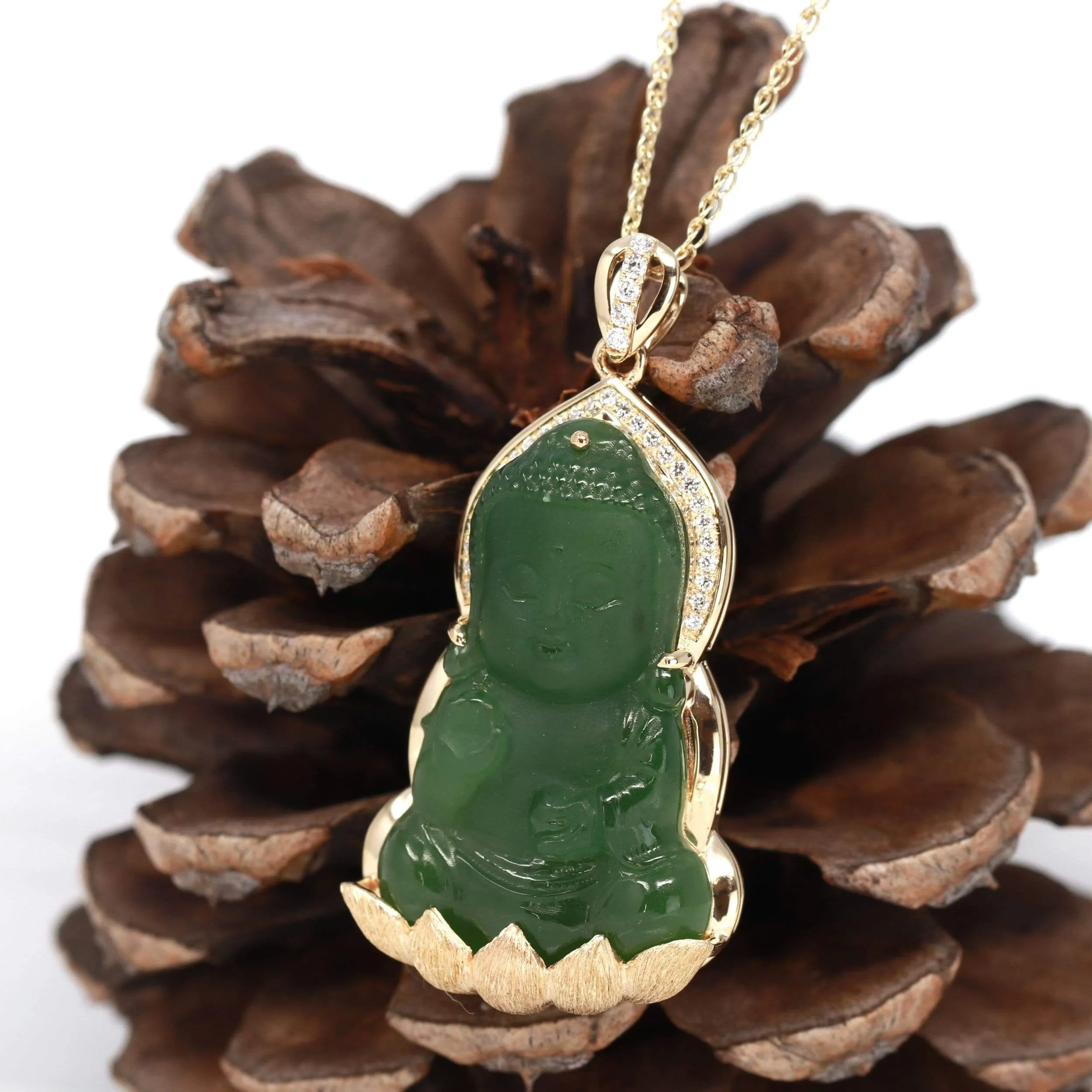 RealJade® 14K Yellow Gold Genuine Nephrite Green Jade GuanYin Baby Pendant Necklace