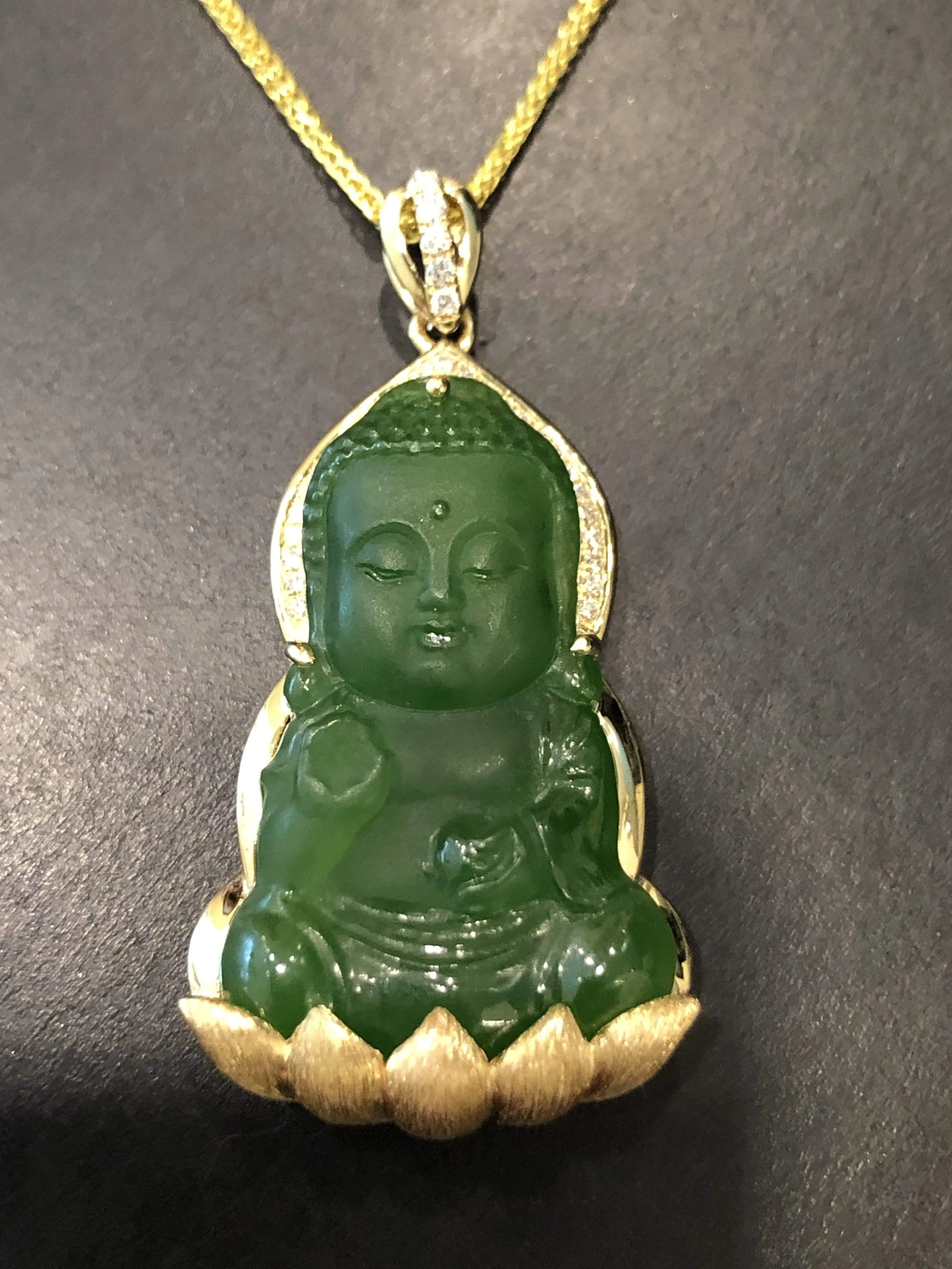 RealJade® 14K Yellow Gold Genuine Nephrite Green Jade GuanYin Baby Pendant Necklace