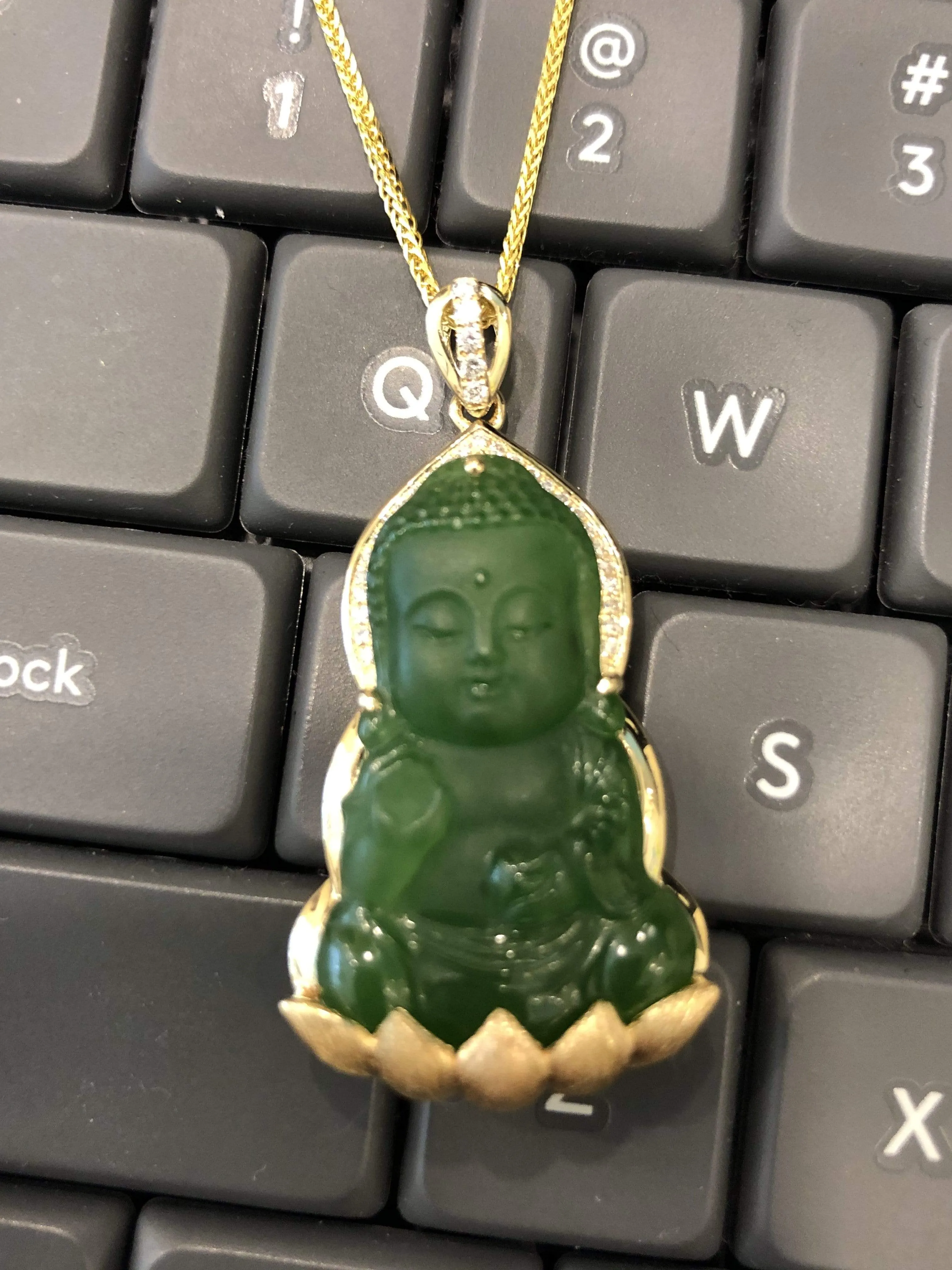 RealJade® 14K Yellow Gold Genuine Nephrite Green Jade GuanYin Baby Pendant Necklace