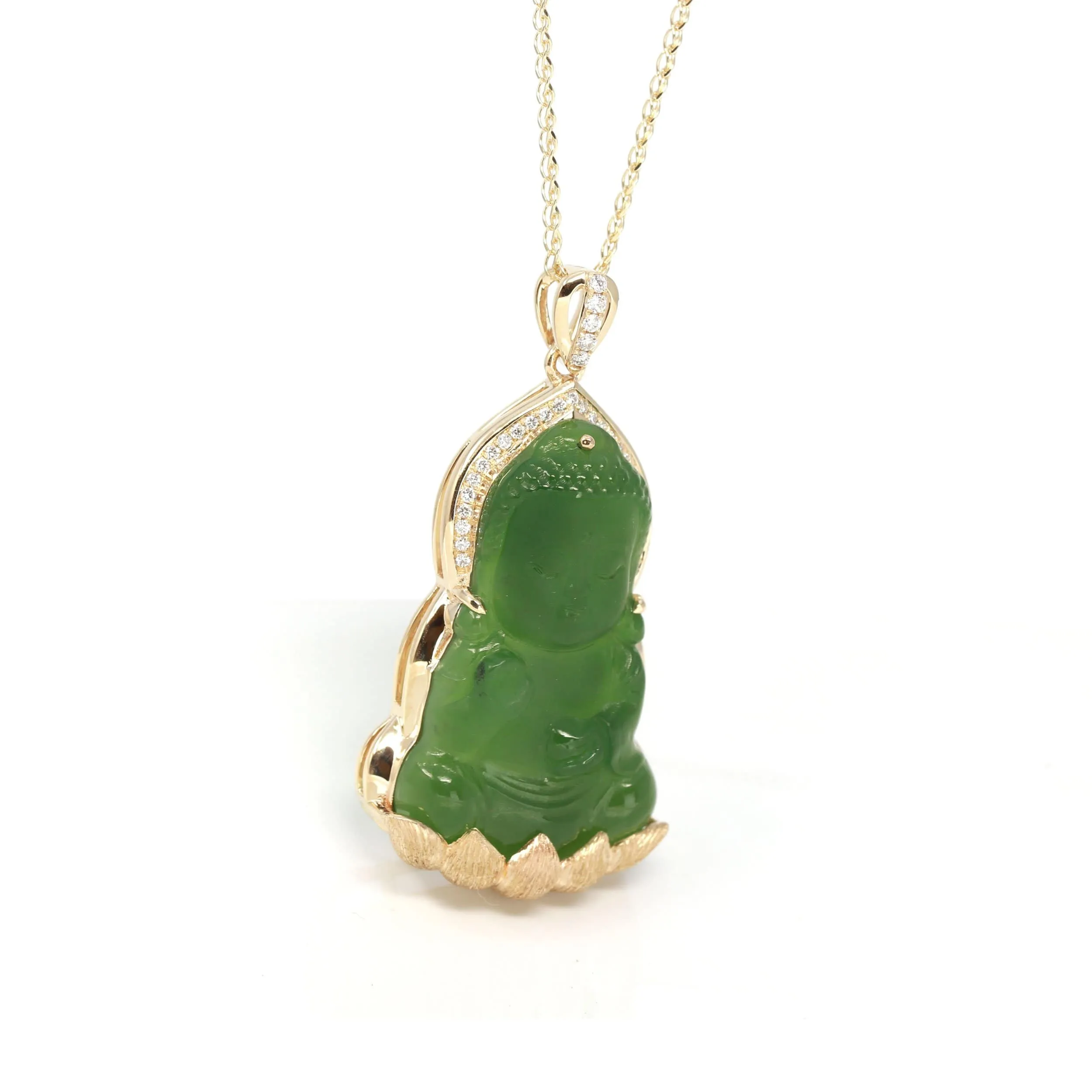 RealJade® 14K Yellow Gold Genuine Nephrite Green Jade GuanYin Baby Pendant Necklace