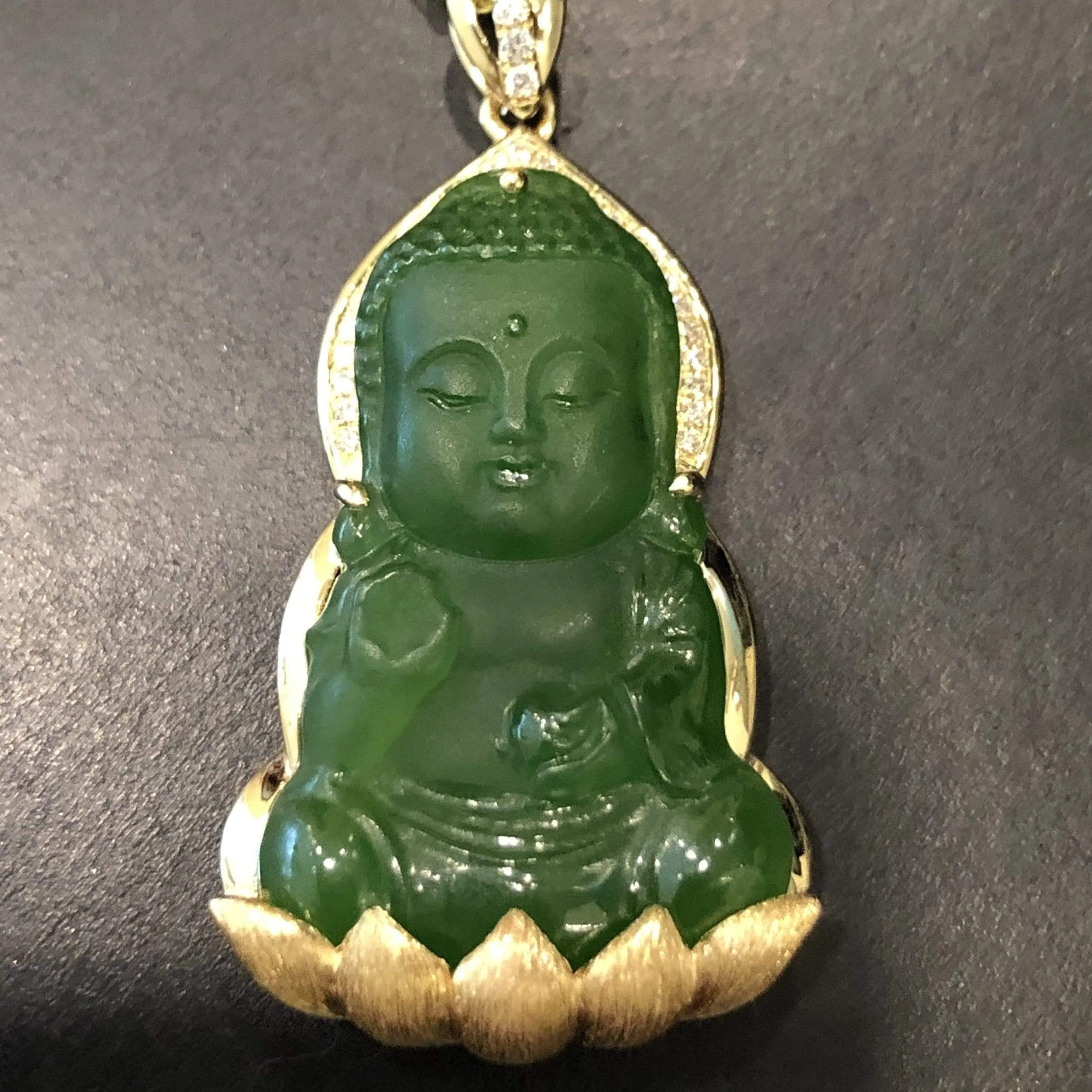 RealJade® 14K Yellow Gold Genuine Nephrite Green Jade GuanYin Baby Pendant Necklace