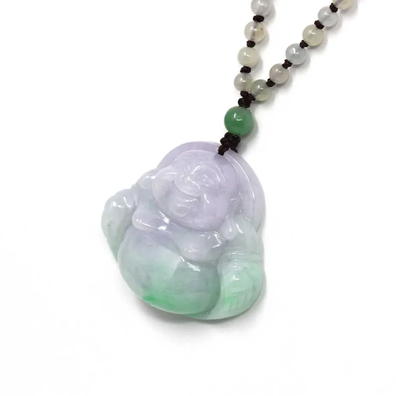 RealJade® Laughing Buddha Natural Burmese Jadeite Jade Buddha Necklace With Bead Necklace