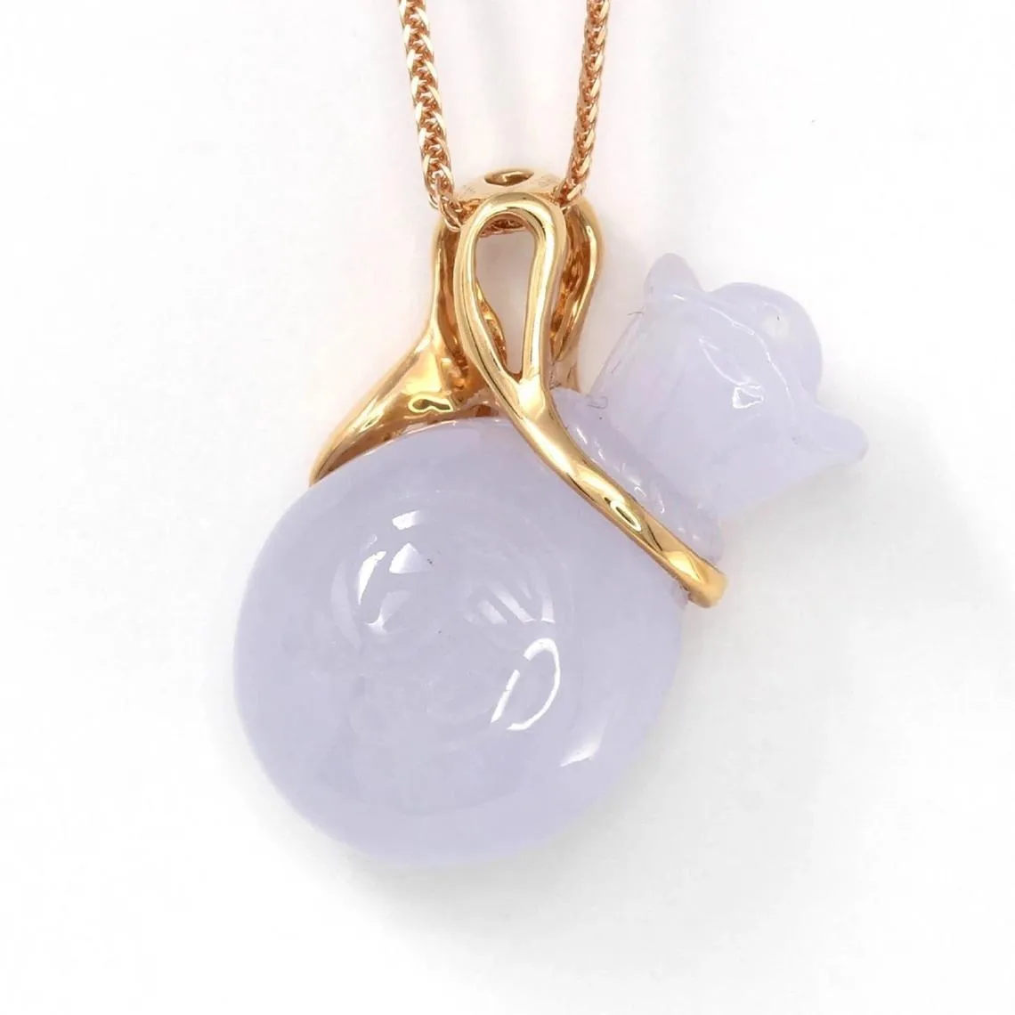 RealJade® "Money Bag" 18k Rose Gold & Lavender Genuine Jadeite Jade Money Bag Necklace Pendant