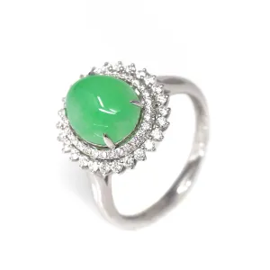 RealJade® Signature Double Halo 18k White Gold Natural Imperial Green Jadeite Jade Engagement Ring