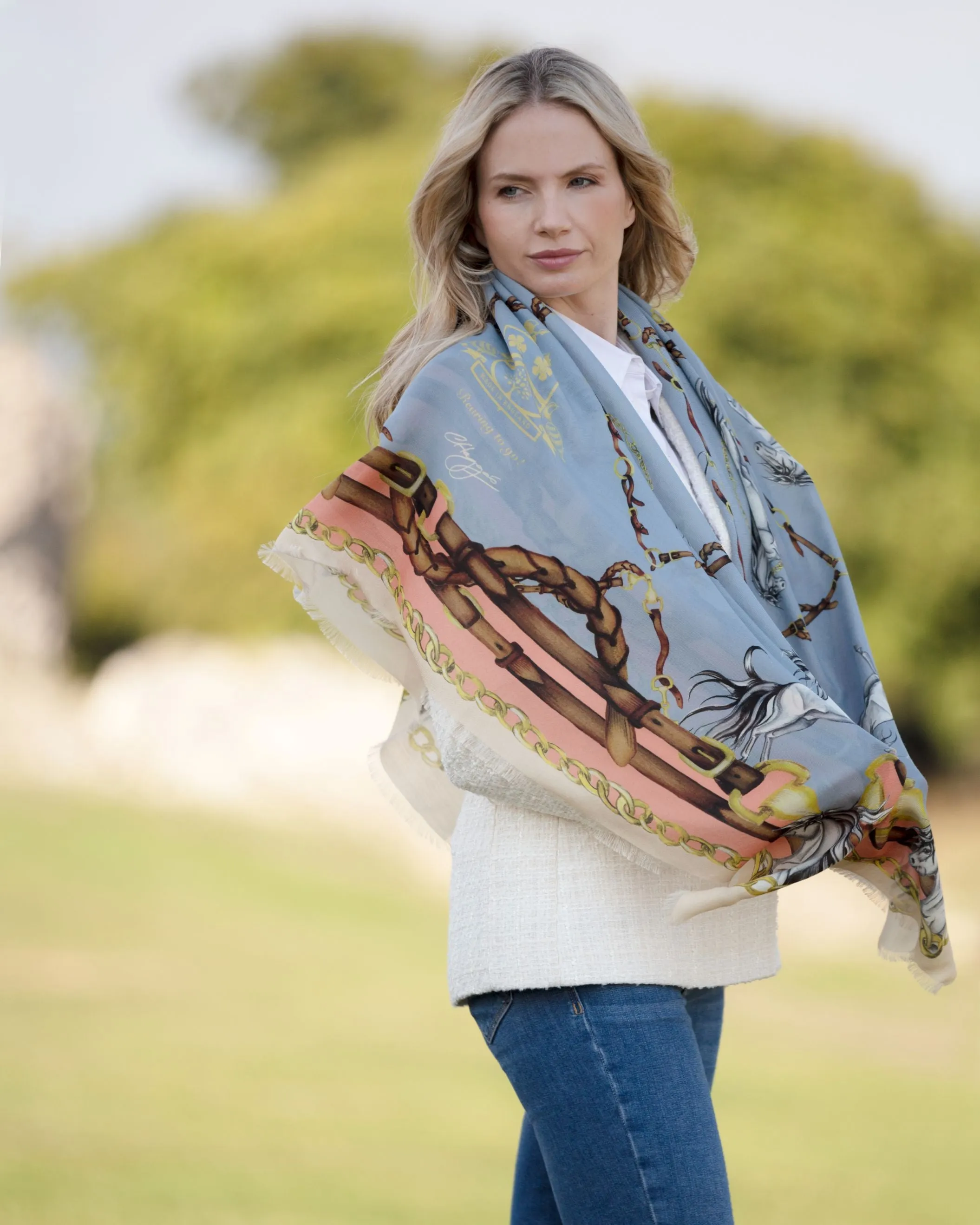 Rearing To Go Powder Blue and Rose Wool Silk Shawl