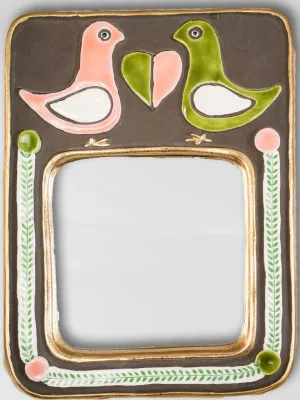 Rectangular mid-century mirror w/ pink & green lovebirds - Mithe Espelt (1924-2021) - 9¾" x 7½"