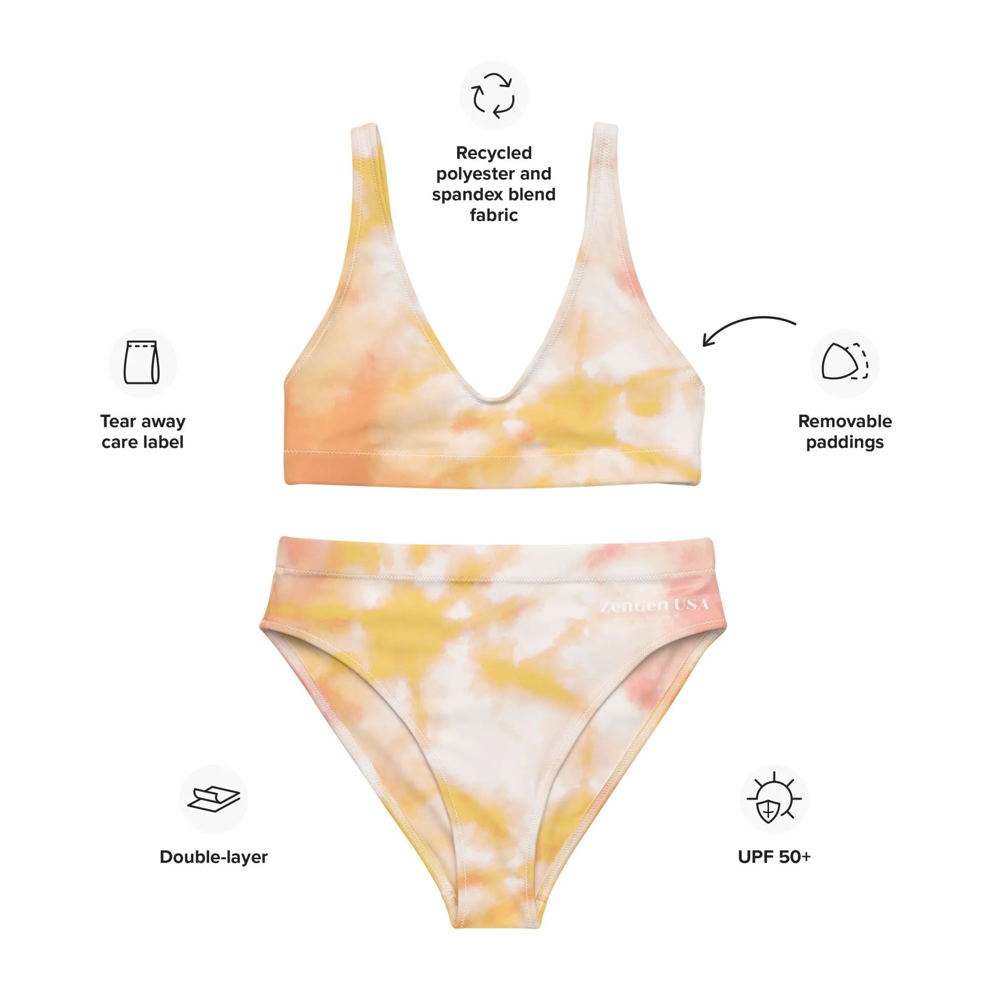 Recycled High-Waisted Bikini - Orange TieDye Print - ZenGen USA Mind-Body-Spirit