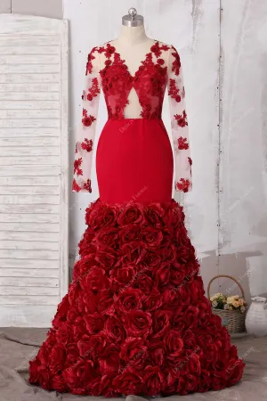 Red 3D Roses Flowers Illusion cutout Dramatic Trumpet Prom Dress